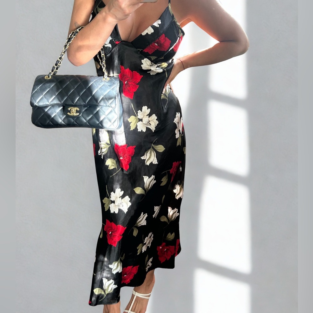 Vintage Cinema Etoile Slip Dress Black Floral Midi Size S